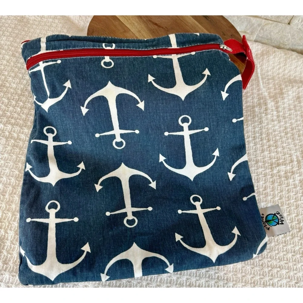 Planet Wise Diaper Wet/Dry Bag Large 2 Zipper Pockets Red/White/Blue Anchors